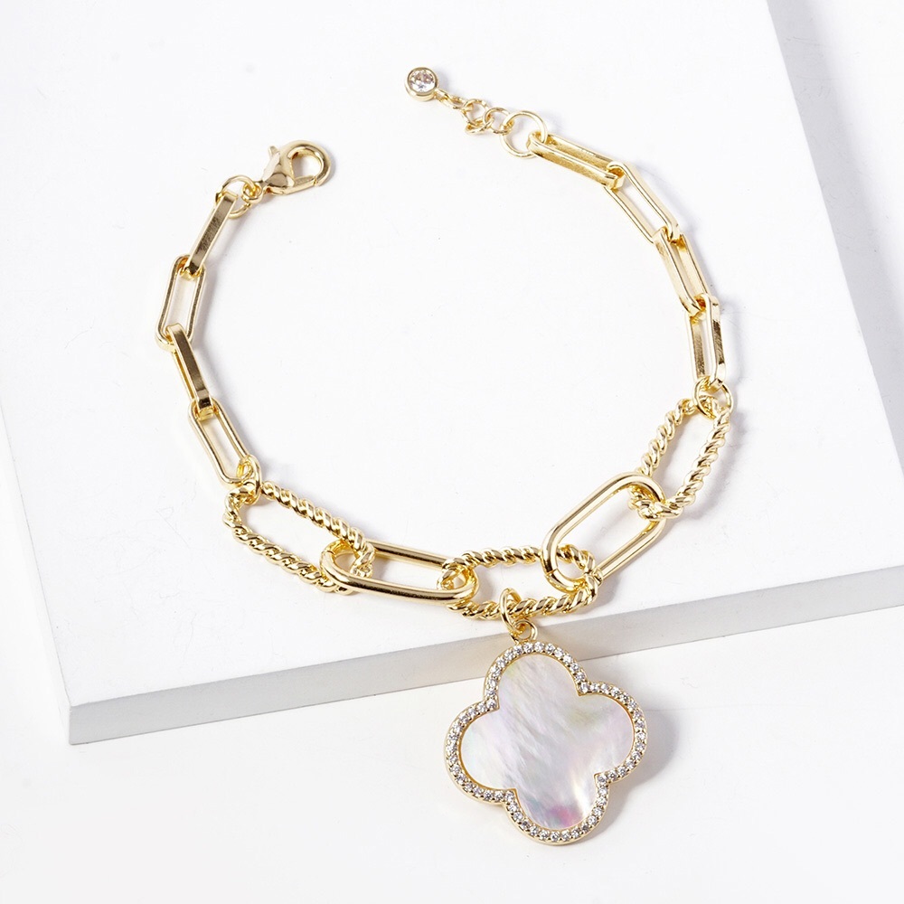 Quatrefoil/Clover 14KGP Paperclip Charm Bracelet Pave Crystals